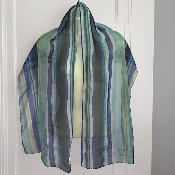 Blue, black & green striped chiffon scarf - Picture 1 of 9